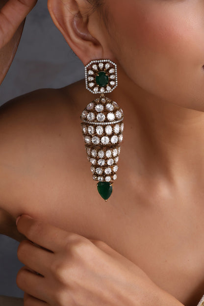 Gold Finish Kundan Polki & Emerald Stone Handcrafted Jhumka Earrings