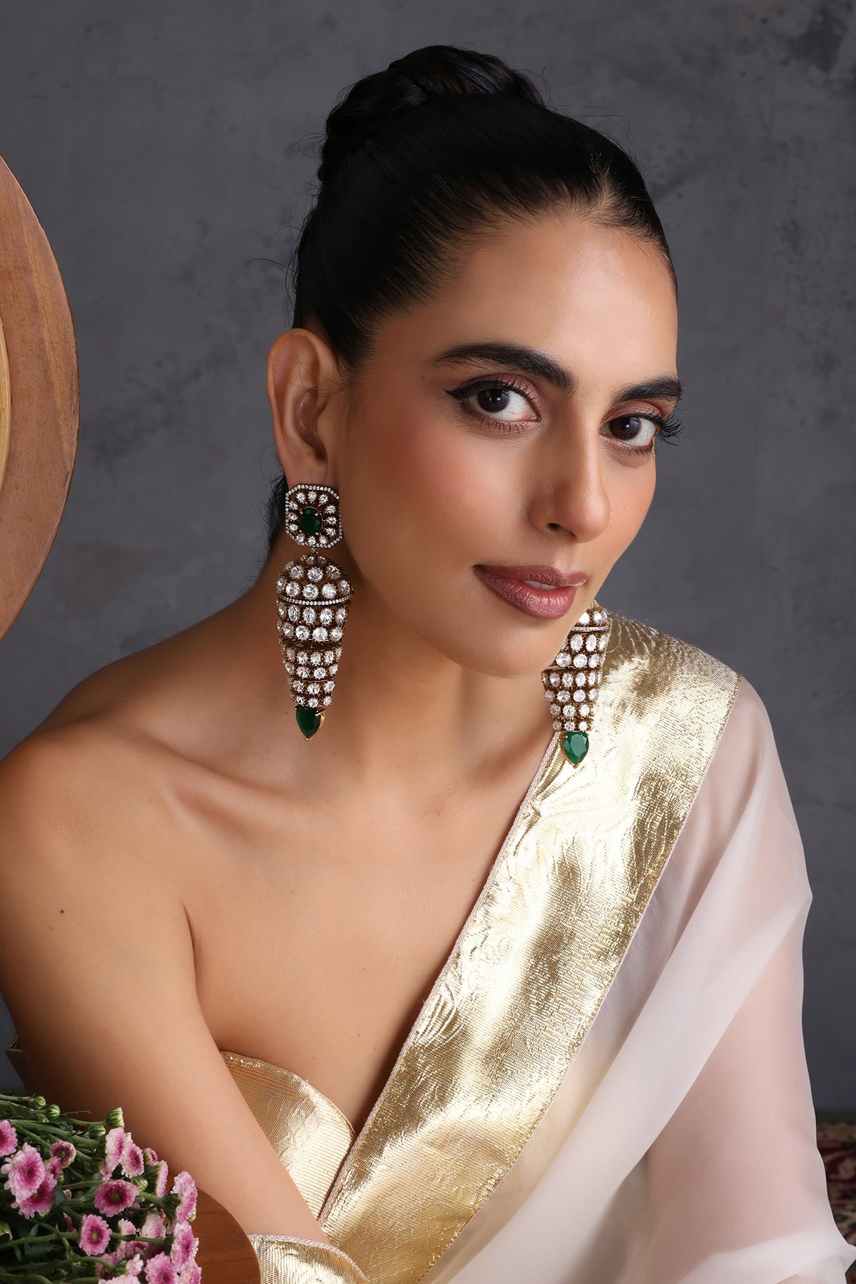 Gold Finish Kundan Polki & Emerald Stone Handcrafted Jhumka Earrings