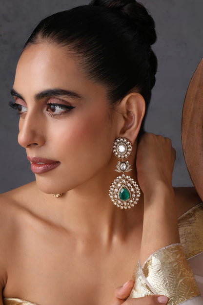 Gold Finish Kundan Polki & Emerald Stone Handcrafted Dangler Earrings
