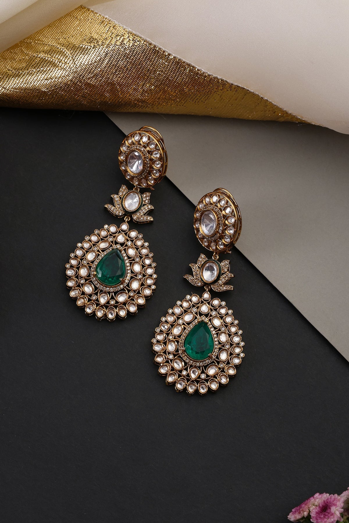 Gold Finish Kundan Polki & Emerald Stone Handcrafted Dangler Earrings