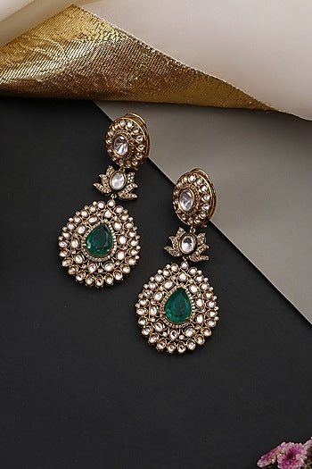 Gold Finish Kundan Polki & Emerald Stone Handcrafted Dangler Earrings