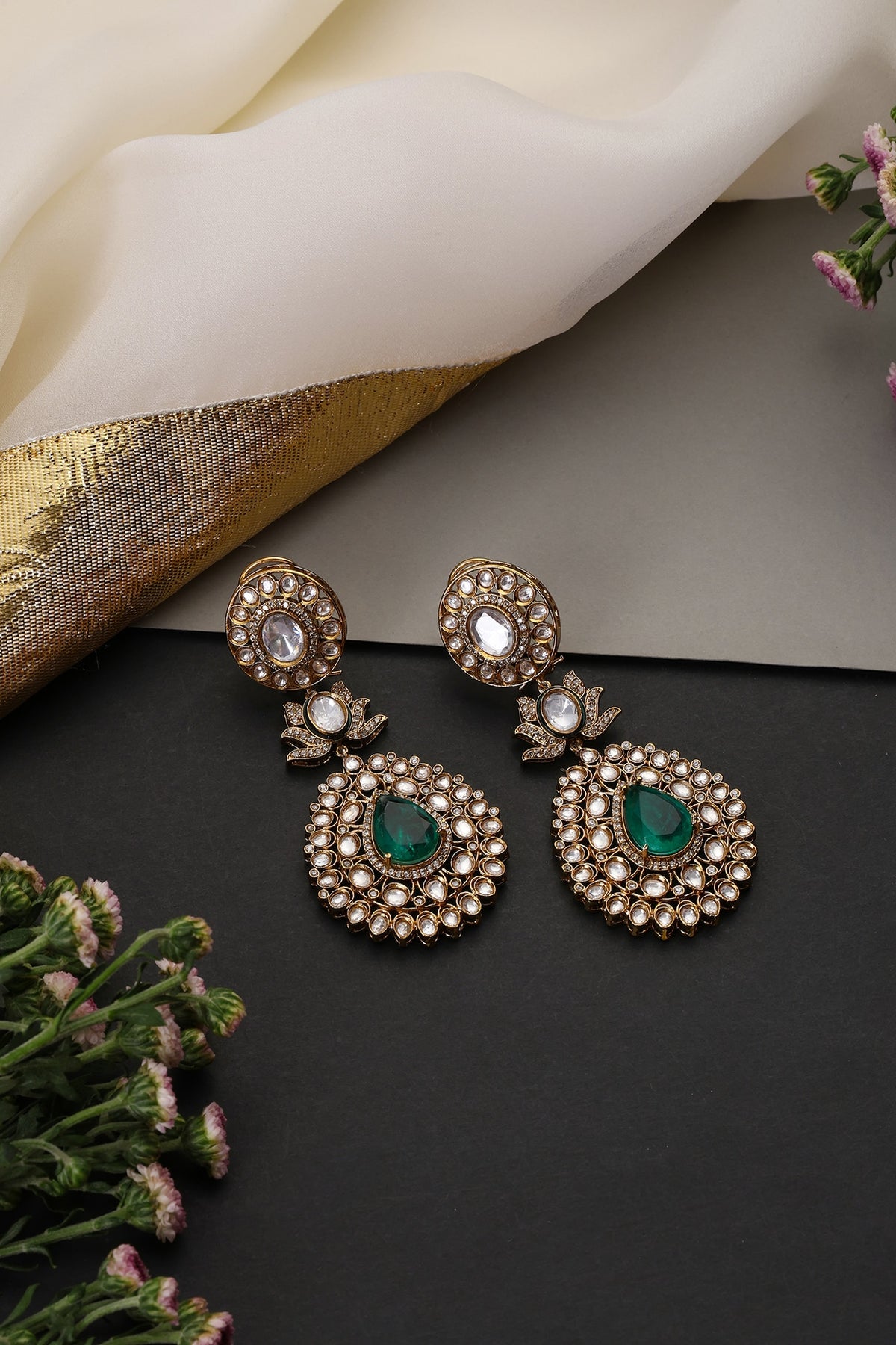 Gold Finish Kundan Polki & Emerald Stone Handcrafted Dangler Earrings