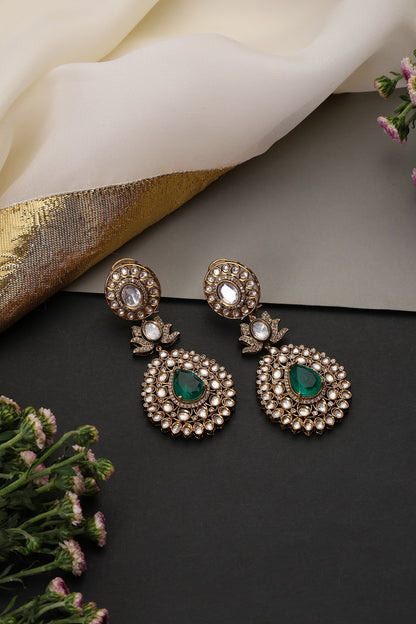 Gold Finish Kundan Polki & Emerald Stone Handcrafted Dangler Earrings