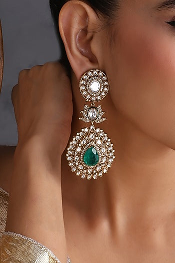 Gold Finish Kundan Polki & Emerald Stone Handcrafted Dangler Earrings