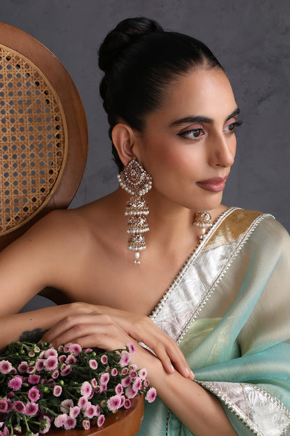 Gold Finish Red Kundan Polki Jadau Jhumka Earrings