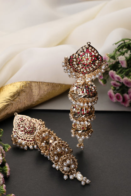 Gold Finish Red Kundan Polki Jadau Jhumka Earrings