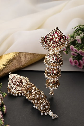 Gold Finish Red Kundan Polki Jadau Jhumka Earrings