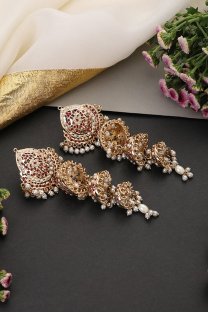 Gold Finish Red Kundan Polki Jadau Jhumka Earrings