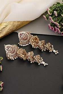 Gold Finish Red Kundan Polki Jadau Jhumka Earrings
