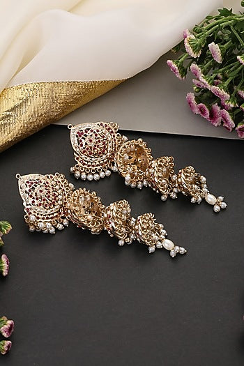 Gold Finish Red Kundan Polki Jadau Jhumka Earrings