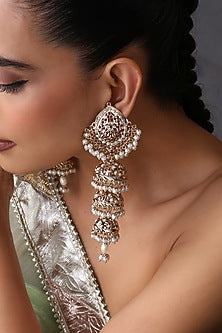 Gold Finish Red Kundan Polki Jadau Jhumka Earrings