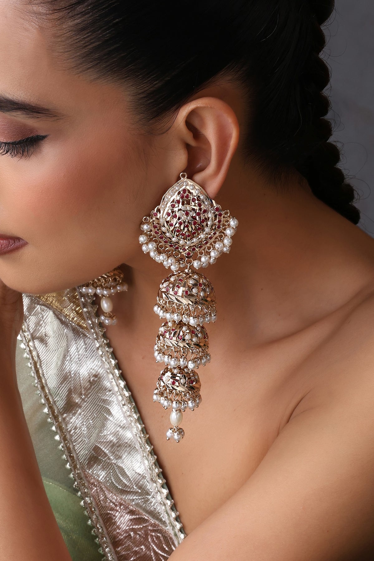 Gold Finish Red Kundan Polki Jadau Jhumka Earrings