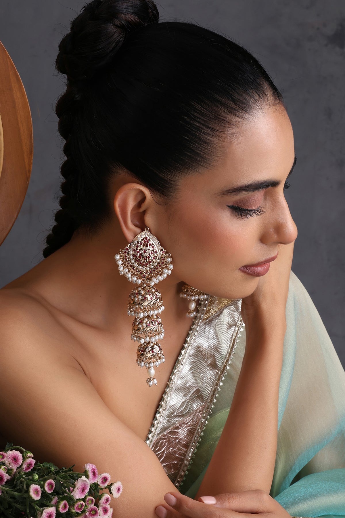 Gold Finish Red Kundan Polki Jadau Jhumka Earrings
