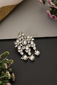 White Gold Finish Kundan Polki Handcrafted Brooch