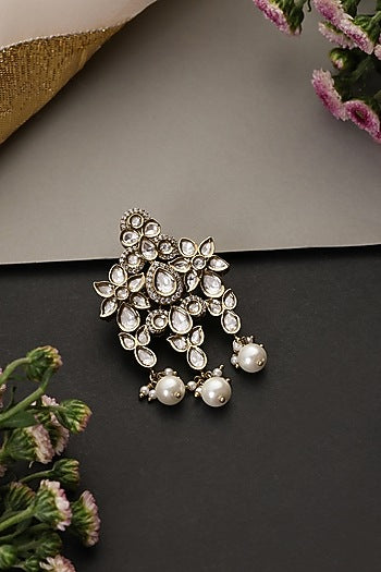 White Gold Finish Kundan Polki Handcrafted Brooch