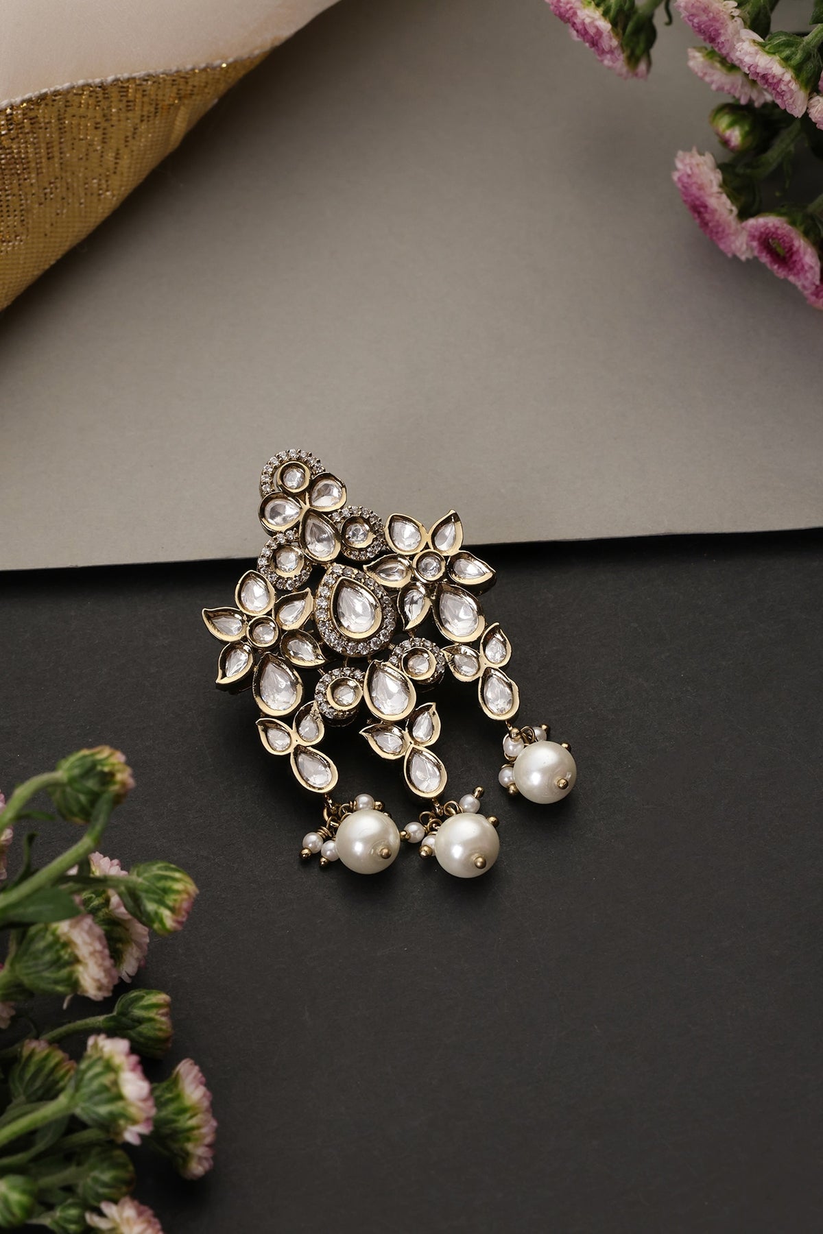 White Gold Finish Kundan Polki Handcrafted Brooch