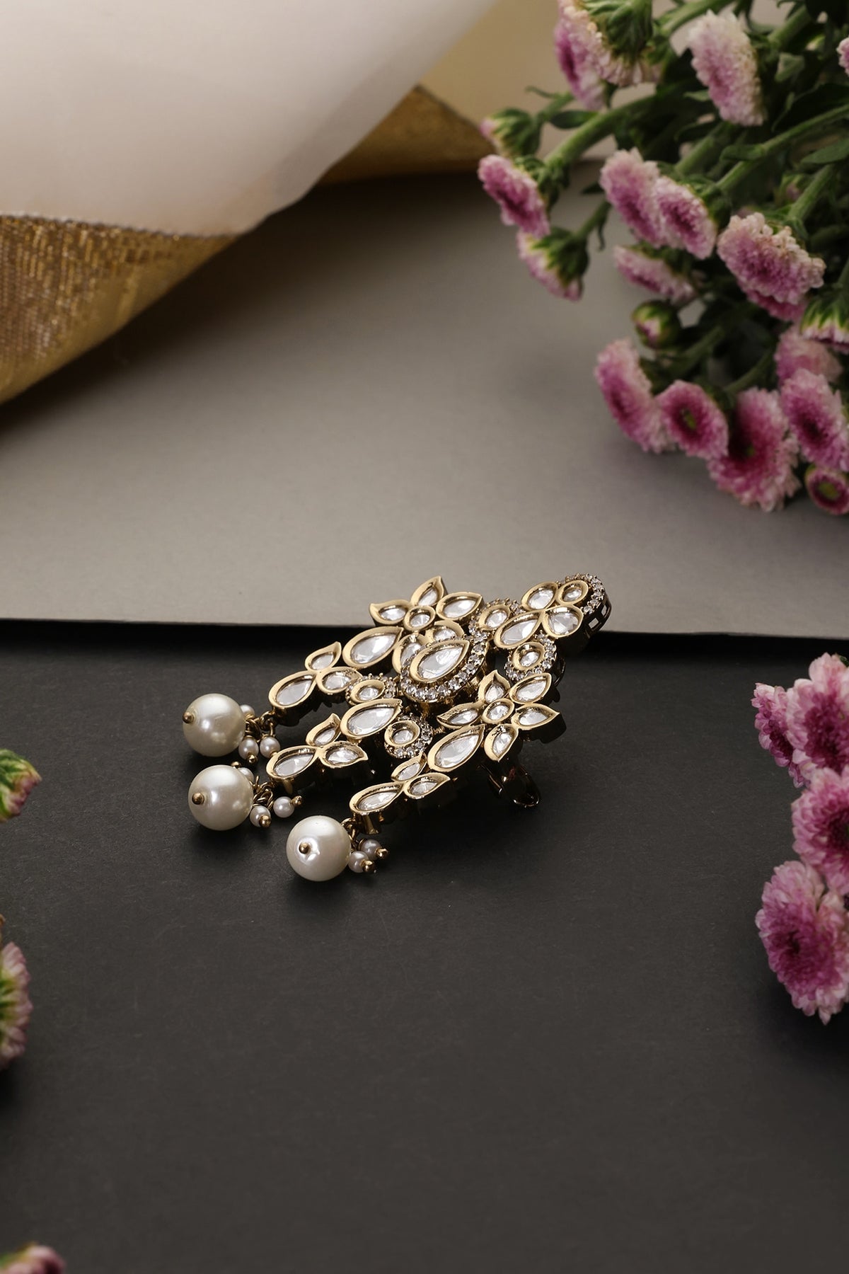 White Gold Finish Kundan Polki Handcrafted Brooch