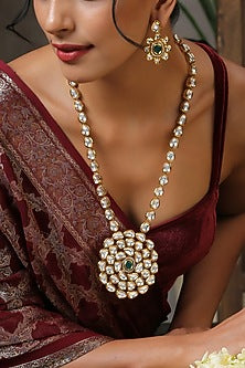 Gold Finish Kundan Polki Long Necklace Set
