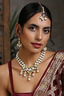 Gold Finish Kundan Polki & Pearls Necklace Set