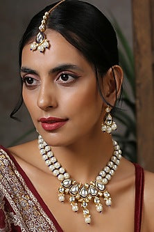 Gold Finish Kundan Polki & Pearls Necklace Set
