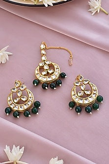 Gold Finish Kundan Polki Maang Tikka With Earrings