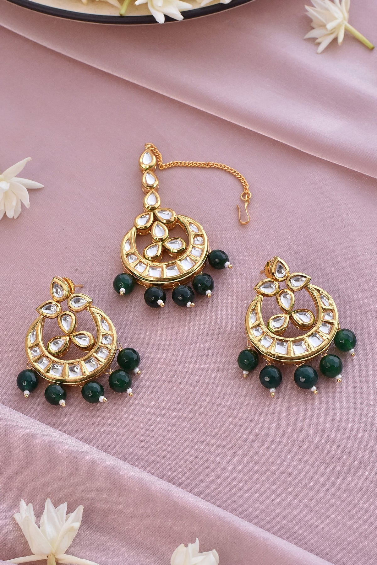 Gold Finish Kundan Polki Maang Tikka With Earrings