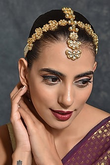 Gold Finish Kundan Polki & Pearls Mathapatti