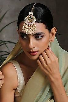 Gold Finish Kundan Polki & Pearls Maang Tikka