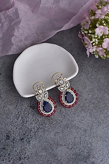 White Finish Blue Synthetic Stone & Zirconia Dangler Earrings