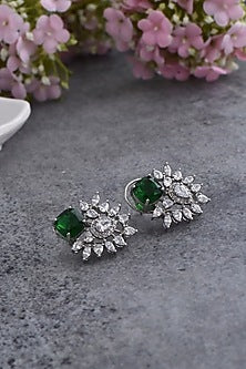 White Finish Green Synthetic Stone & Zirconia Dangler Earrings