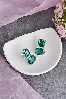 White Finish Green Synthetic Stone & Zirconia Dangler Earrings