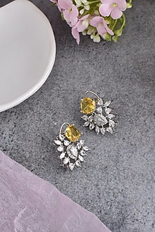 White Finish Yellow Synthetic Stone & Zirconia Stud Earrings