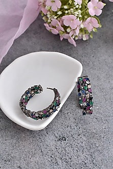 Black Rhodium Finish Grey Synthetic Stone & Zirconia Hoop Earrings