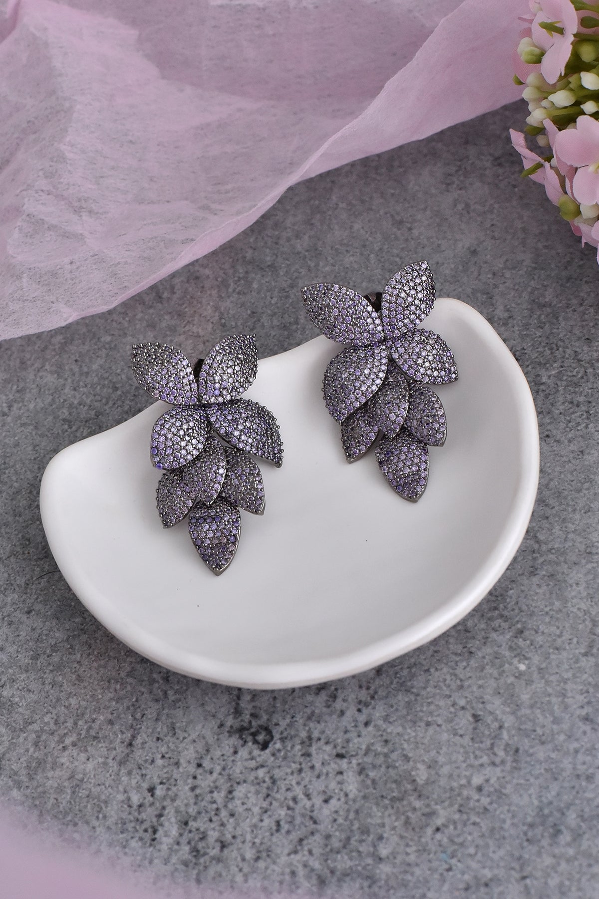 Black Rhodium Finish Purple Synthetic Stone & Zirconia Dangler Earrings