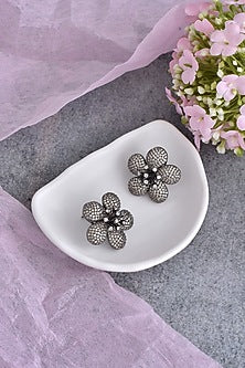 Black Rhodium Finish Synthetic Stone & Zirconia Stud Earrings