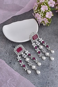 White Finish Red Synthetic Stone & Zirconia Dangler Earrings