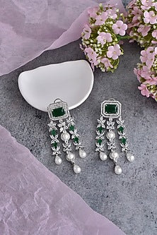 White Finish Green Synthetic Stone & Zirconia Dangler Earrings