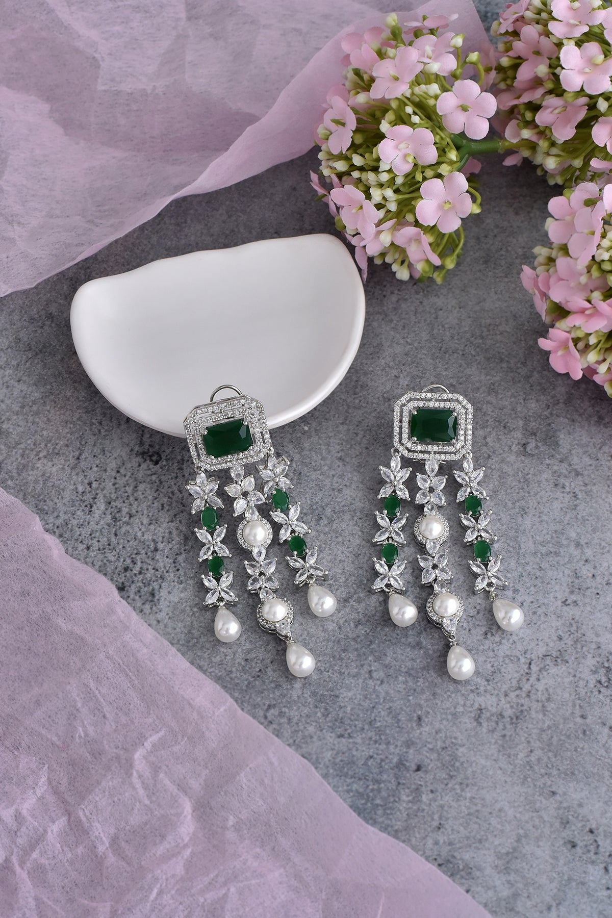 White Finish Green Synthetic Stone & Zirconia Dangler Earrings
