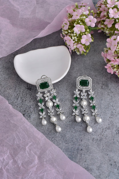 White Finish Green Synthetic Stone & Zirconia Dangler Earrings