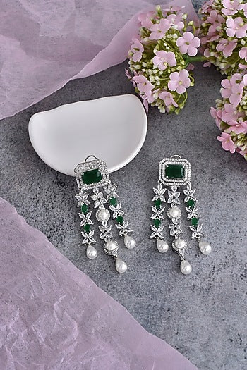 White Finish Green Synthetic Stone & Zirconia Dangler Earrings