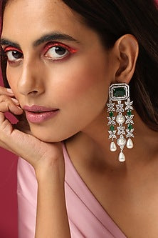 White Finish Green Synthetic Stone & Zirconia Dangler Earrings