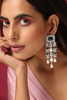 White Finish Green Synthetic Stone & Zirconia Dangler Earrings