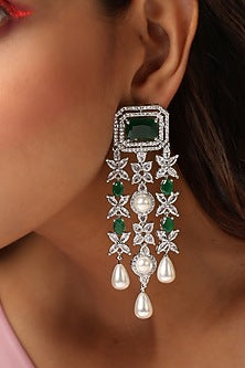 White Finish Green Synthetic Stone & Zirconia Dangler Earrings