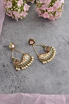 Gold Finish Red & Green Kundan Polki Dangler Earrings