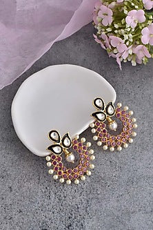 Gold Finish Red Kundan Polki Dangler Earrings