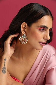 Gold Finish Red Kundan Polki Dangler Earrings