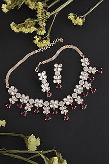 Rose Gold Finish Red Synthetic Stone & Kundan Polki Necklace Set In Sterling Silver