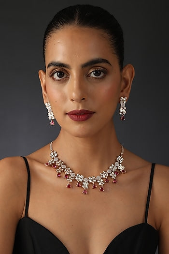 Rose Gold Finish Red Synthetic Stone & Kundan Polki Necklace Set In Sterling Silver