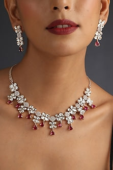 Rose Gold Finish Red Synthetic Stone & Kundan Polki Necklace Set In Sterling Silver