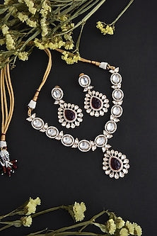 Gold Finish Red Synthetic Stone & Kundan Polki Necklace Set In Sterling Silver